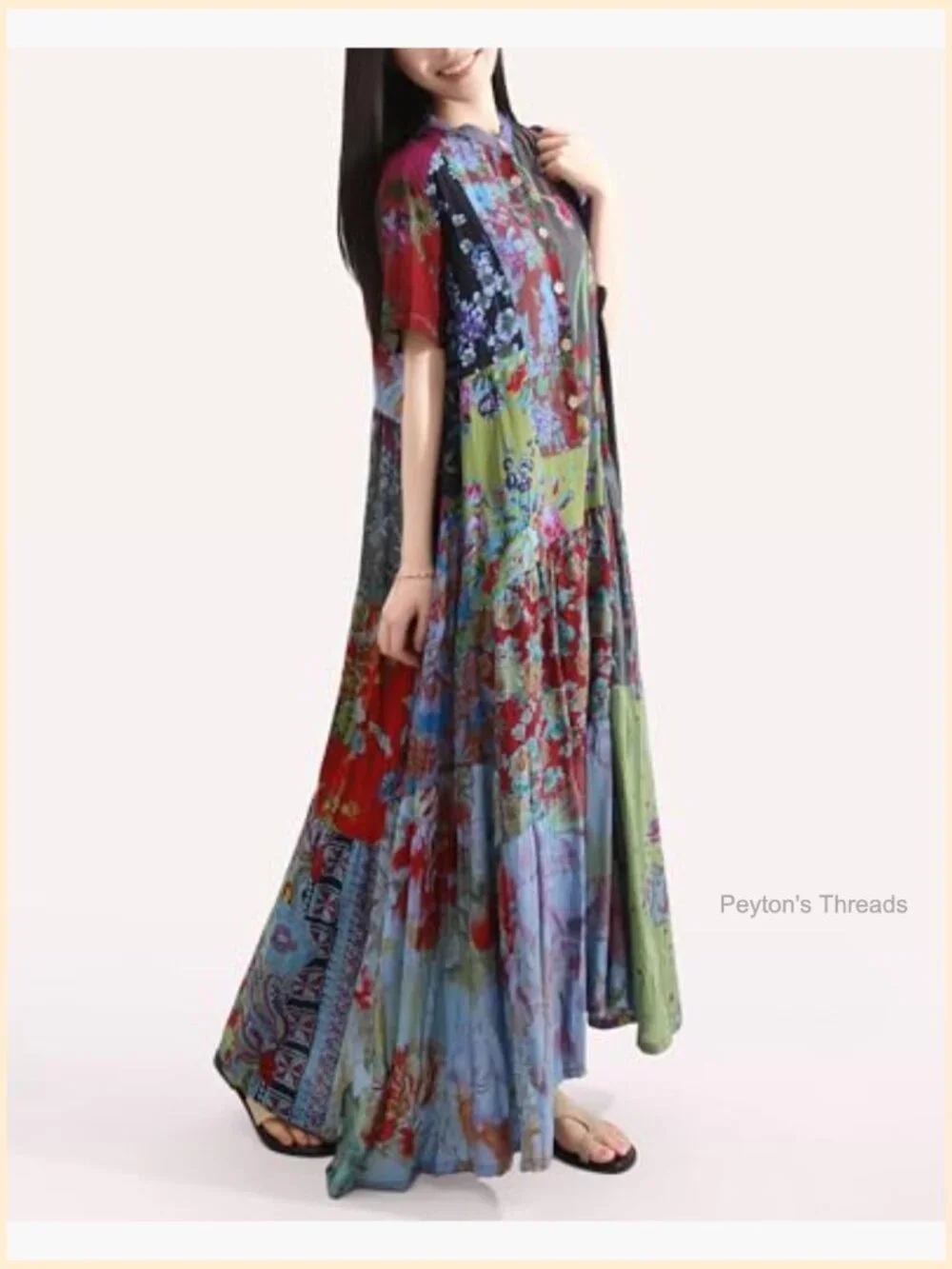 Boho Floral Maxi Sundress with Pockets Loose Fit Cotton - Picture 4 of 6